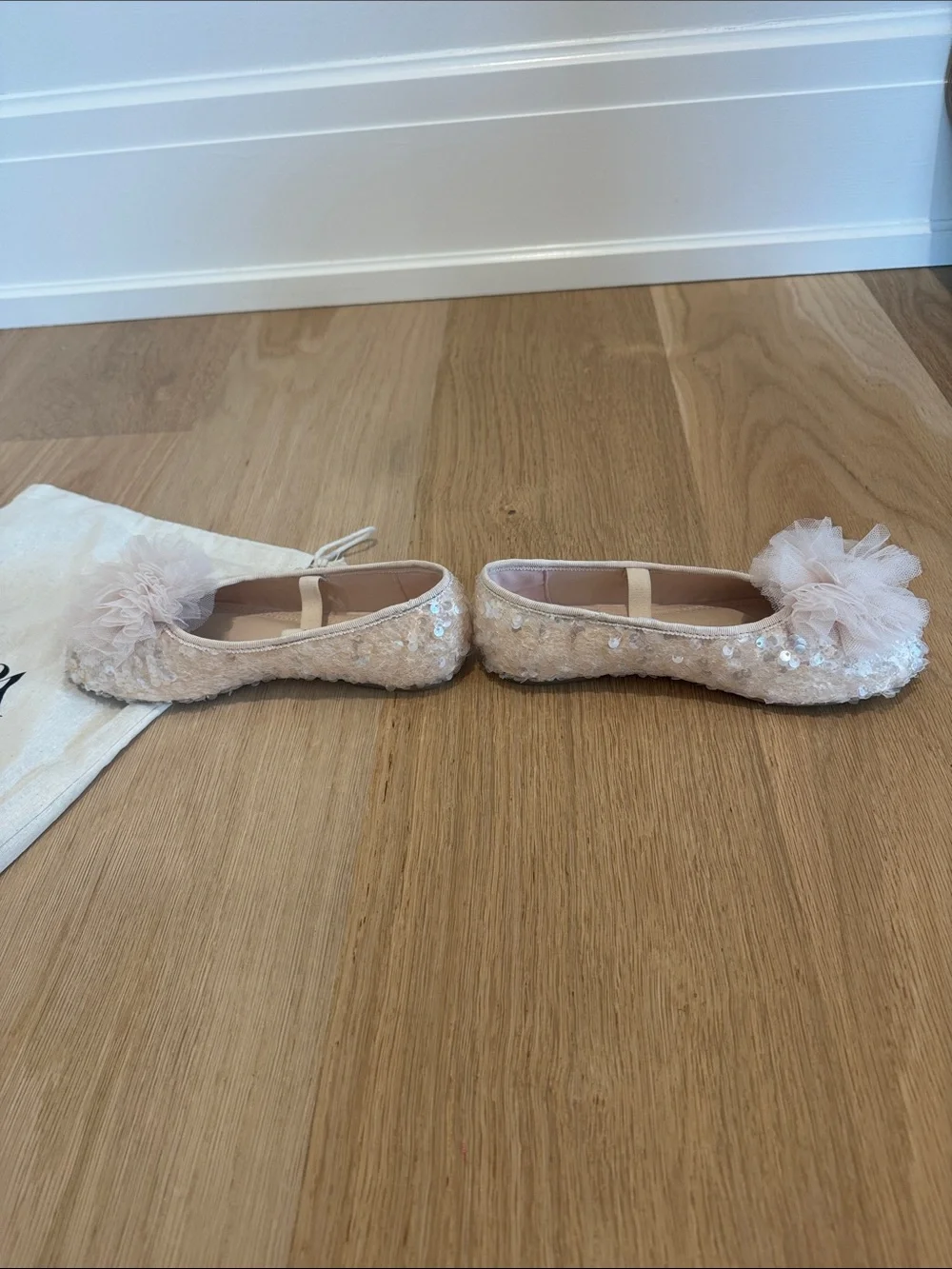 ZARA little Girls Blush Pink Sequin Tulle Pom Ballet Flats
